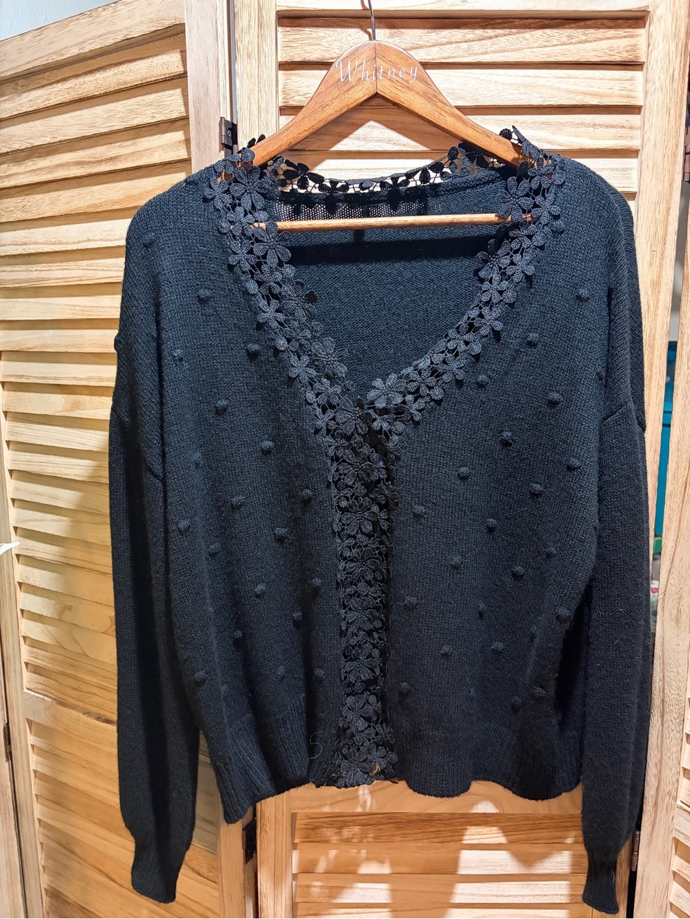 SHEIN Black Floral-Trim V-Neck Cardigan